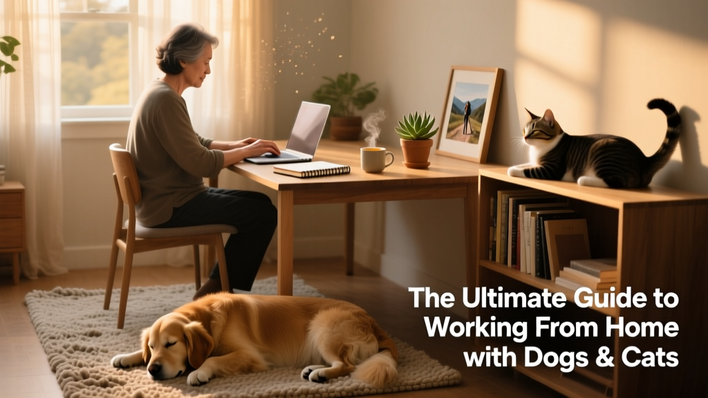 A person seated at a sunlit home desk with a calm dog resting nearby on a rug