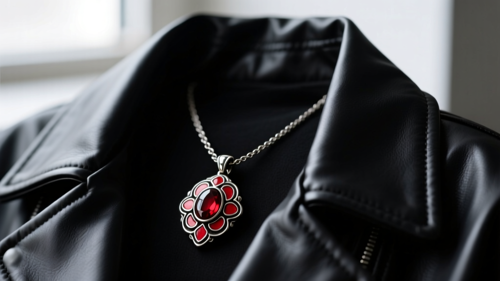 Close-up of a dark, oxidized silver pendant necklace with blood-red enamel details resting on a black leather jacket collar.