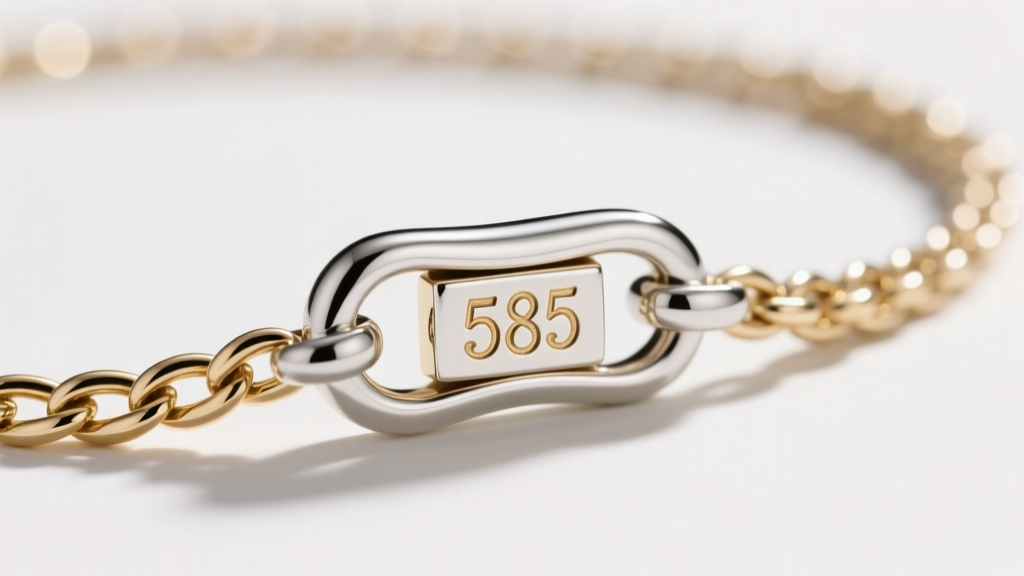 Macro photo of a 585 hallmark stamped on the lobster clasp of a delicate 14k white gold rope chain under bright studio lighting