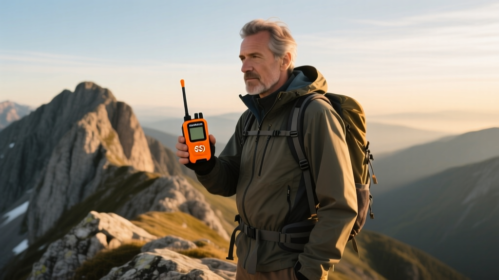 Hiker holding a bright orange Garmin inReach Mini 2 satellite communicator with the SOS button exposed against a rocky alpine backdrop