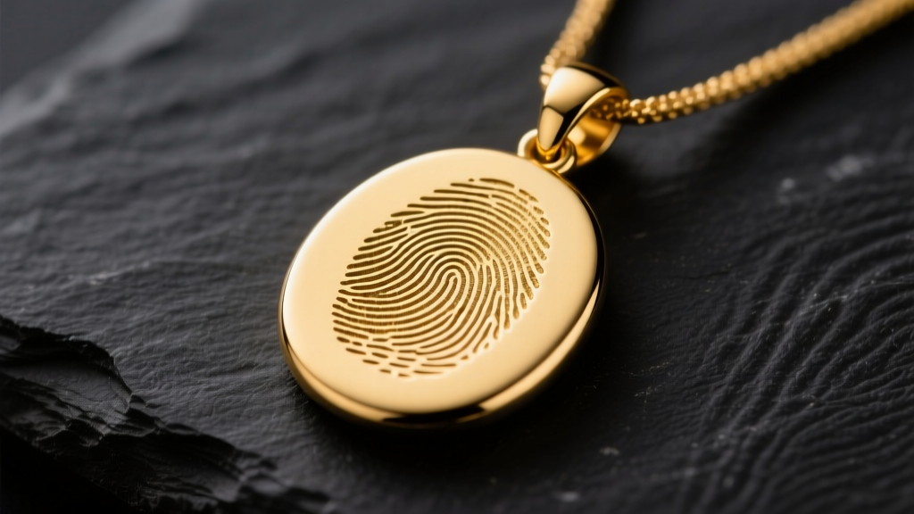 Macro shot of a 14k yellow gold pendant with a deep fingerprint impression on dark slate under soft studio lighting.