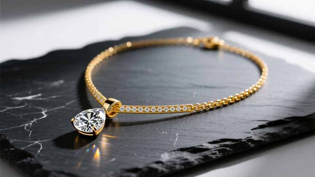 Flat lay of an asymmetrical yellow gold lariat diamond necklace on dark slate, featuring a detachable pear-shaped diamond drop.