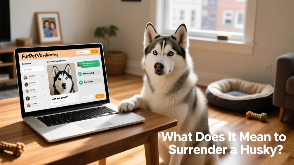 A laptop screen showing the FurPetVo rehoming dashboard with a Husky profile, adoption applications, and messaging interface