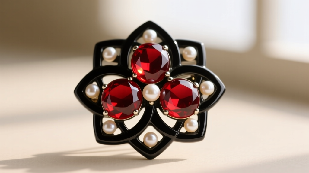 Macro shot of a vintage 1950s japanned black metal brooch featuring bright cherry-red poured glass cabochons and faux seed pearls.