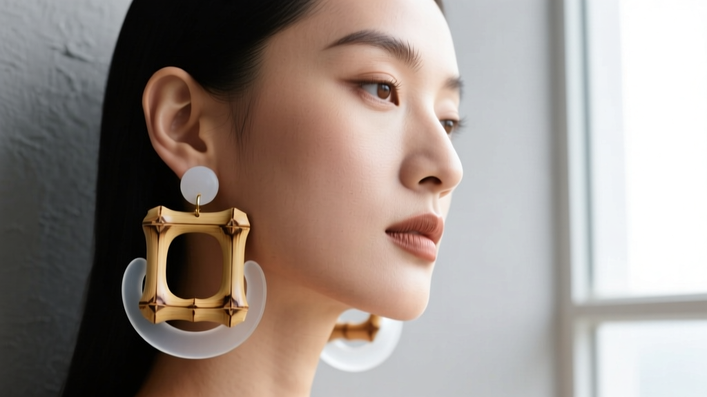 Woman wearing heavy square bamboo earrings, using a clear silicone support disc behind the lobe to prevent drooping and tearing