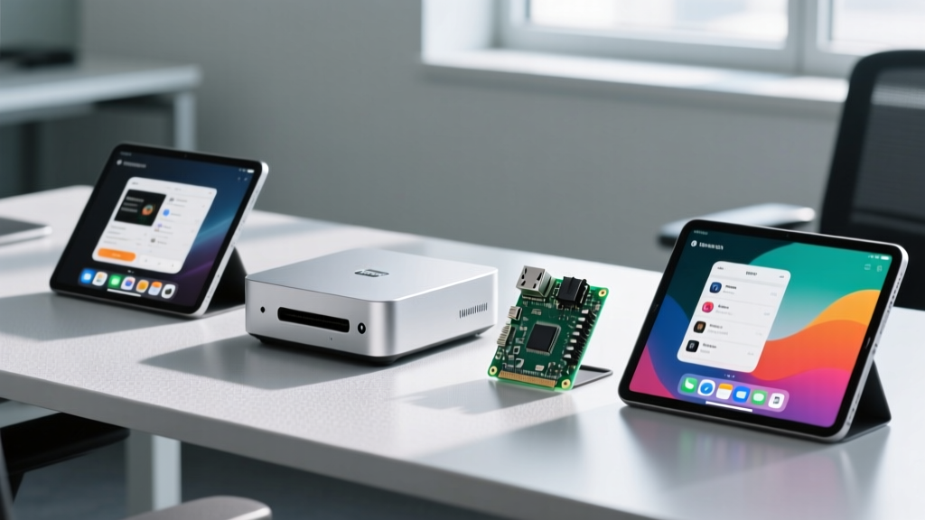 A clean modern desk setup comparing a sleek silver mini PC, a bare single-board computer, and two premium tablet gadgets side-by-side.