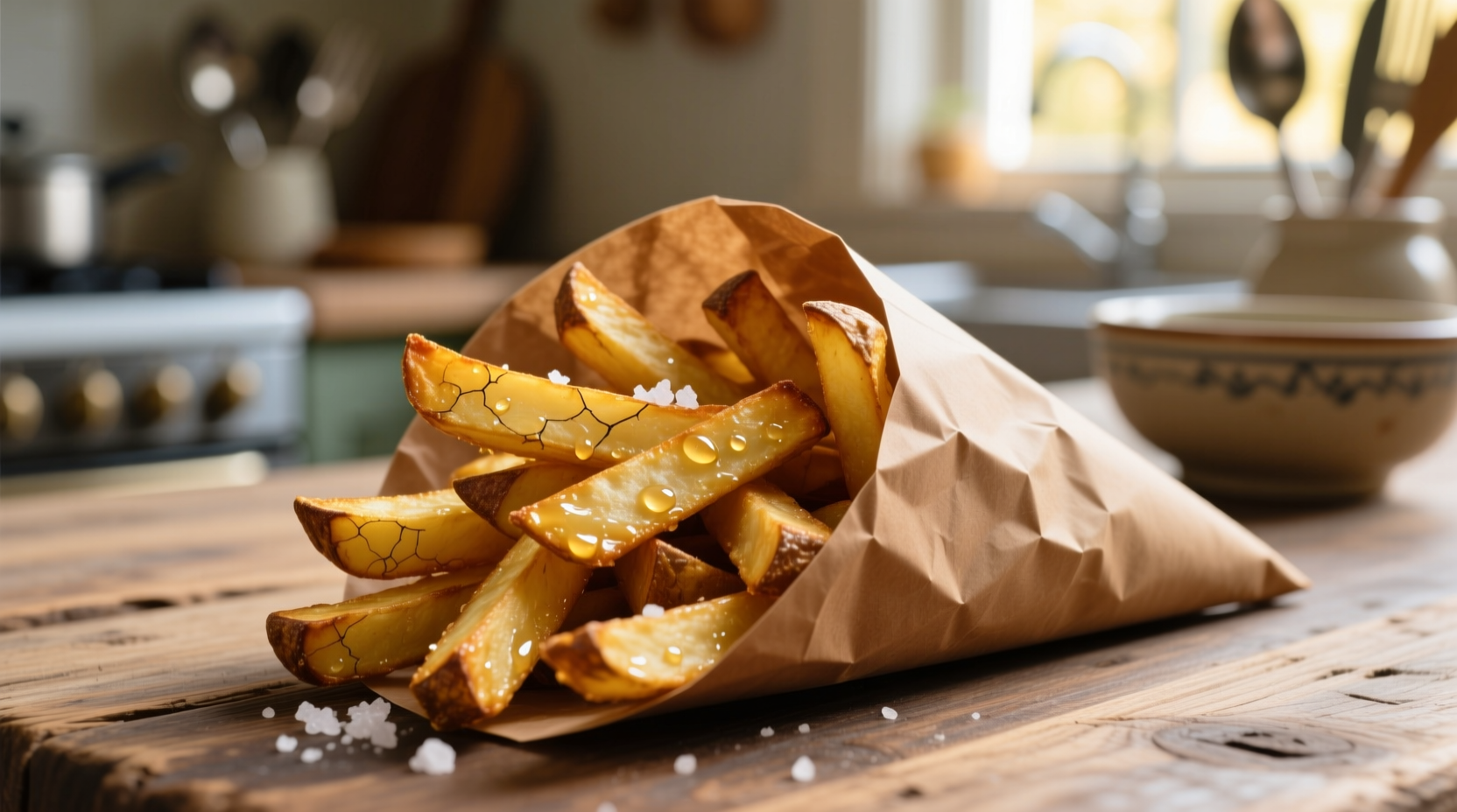 Golden brown homemade potato fries in a paper cone