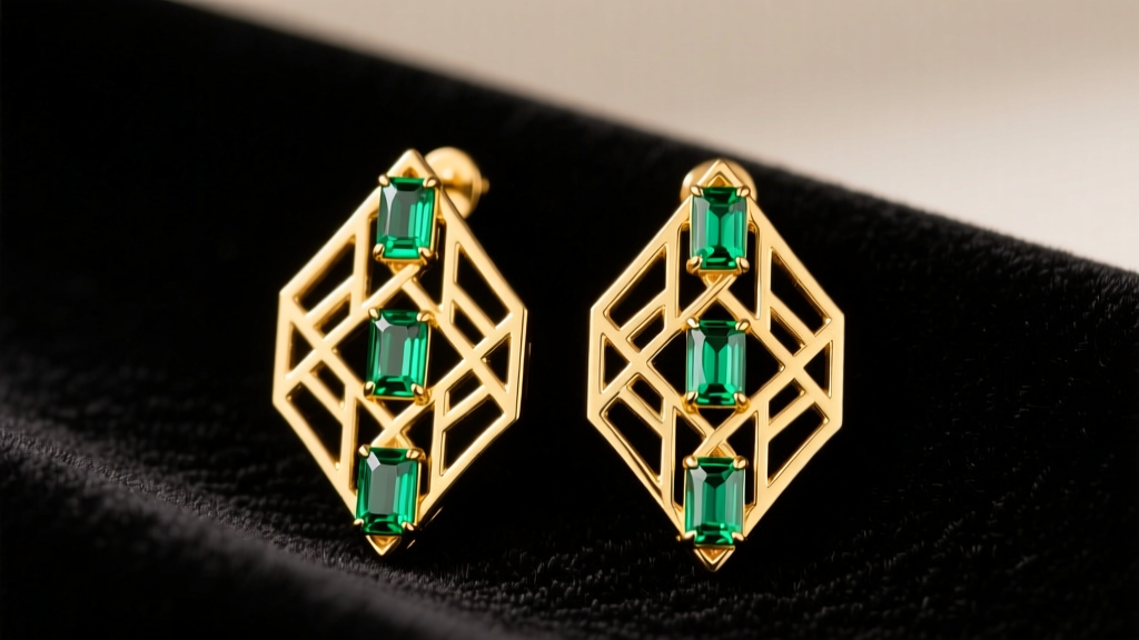 Flat lay of 18k yellow gold art deco earrings with geometric filigree and emerald baguettes on black velvet, soft studio lighting