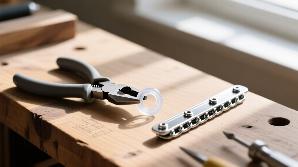 Pliers holding a tiny clear silicone O-ring next to a silver chain slide on a wooden workbench, lit by soft natural daylight.