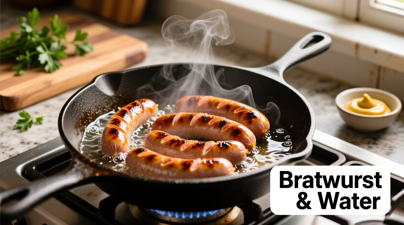 Bratwurst cooking in skillet with water