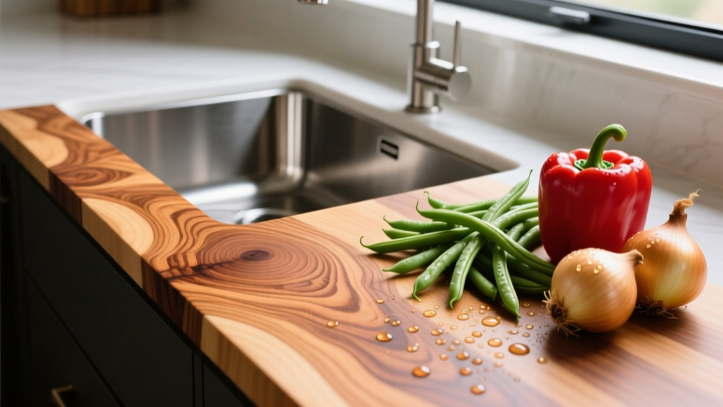 Close-up of edge-grain hard maple butcher block countertop showing tight wood grain patterns next to a stainless steel kitchen sink and fresh vegetables