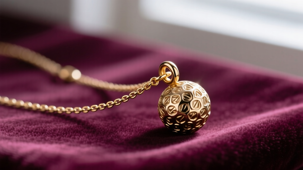A 2mm wheat chain threaded through a polished brass swivel bail attached to a heavy spherical globe pendant necklace on velvet