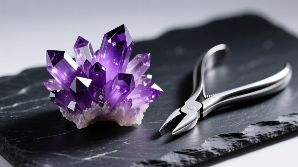 Macro shot of a vibrant purple alum crystal cluster from a DIY kit on dark slate, beside jewelry pliers in soft studio lighting.