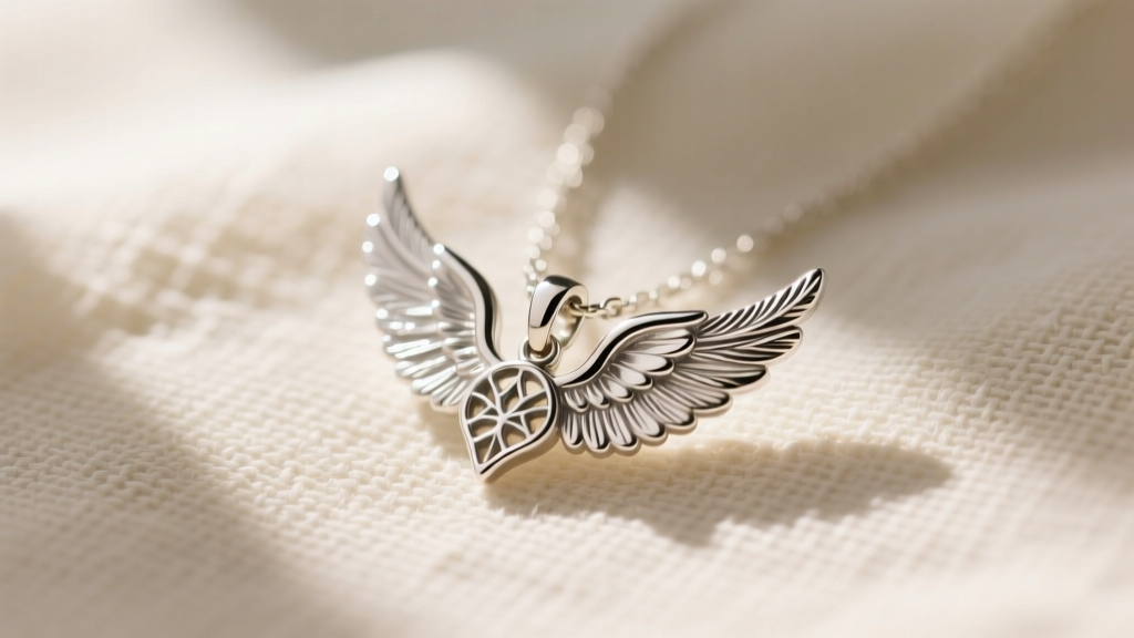 Close-up of a delicate 925 sterling silver angel wing pendant resting on a textured cream linen cloth with soft morning light.