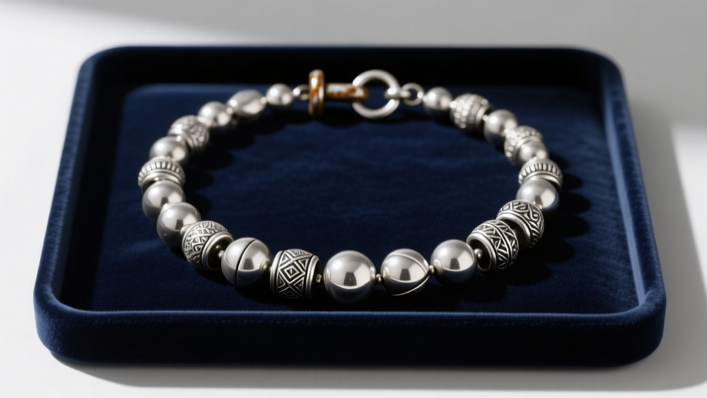 Vintage 1990s sterling silver interchangeable bead necklace with a tarnished barrel clasp on a dark velvet jewelry tray.