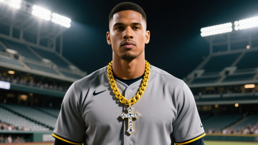 Baseball player in grey uniform wearing a thick yellow gold Cuban link chain and diamond cross pendant under bright stadium lights