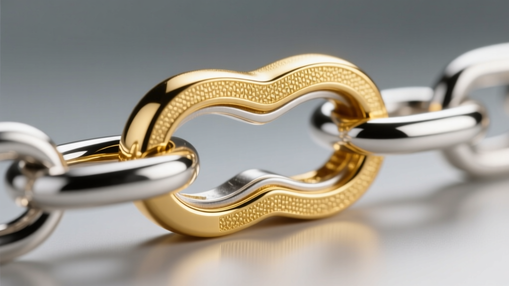 Macro view of 18k gold vermeil over 925 sterling silver, showing the 2.5 micron gold thickness on a polished chain link edge.