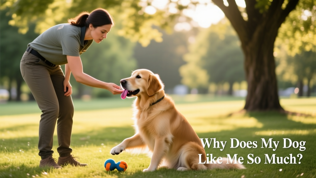 Trainer calmly redirecting a dog from licking to sitting and taking a toy