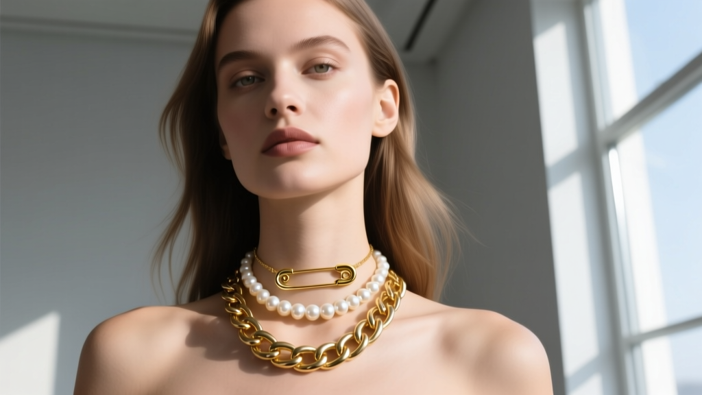 Gold safety pin pendant layered with a pearl choker and thick curb chain on a model, illuminated by soft natural window sunlight.