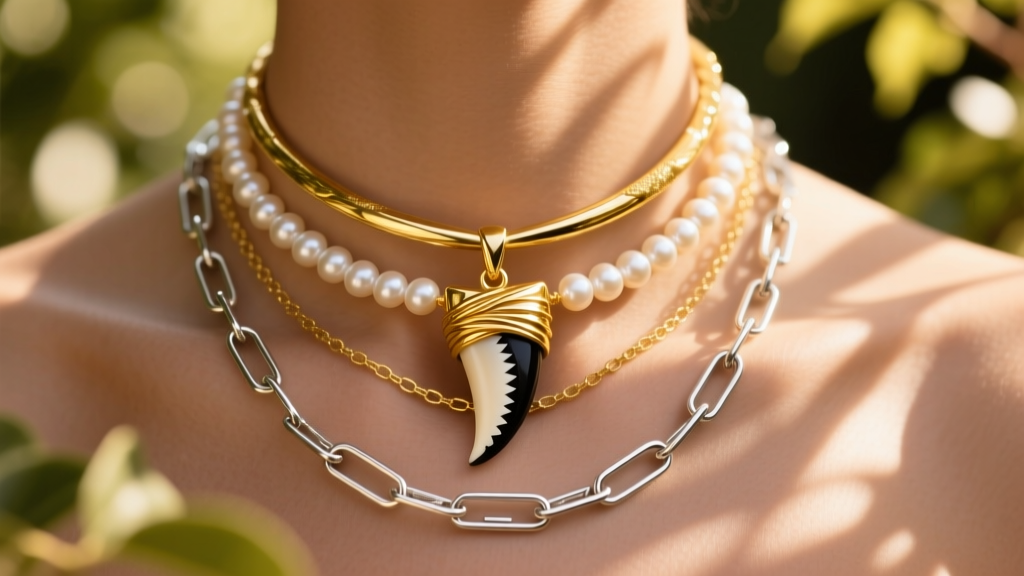 Close-up of a layered stack with a gold-wrapped mako tooth, pearl choker, and silver paperclip chain in warm outdoor sunlight.