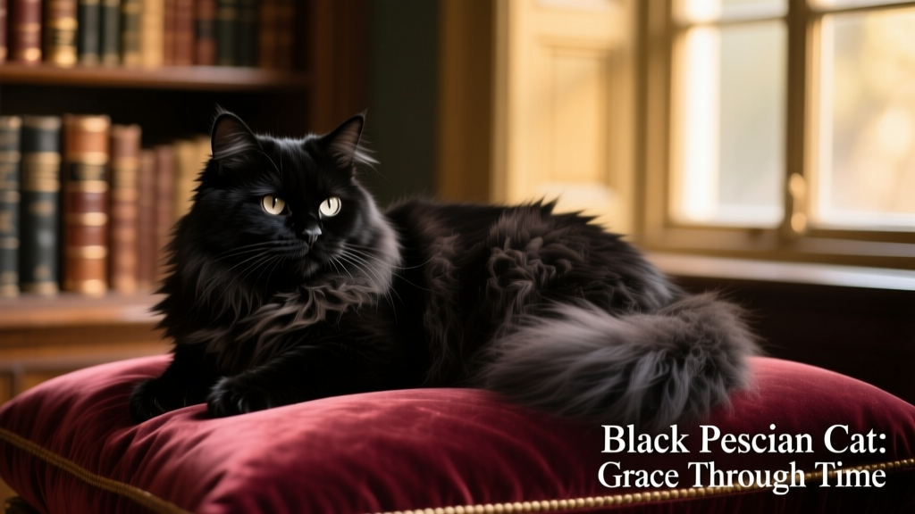 A black Persian cat lounging gracefully on a velvet cushion, showcasing its dense, jet-black fur and serene expression