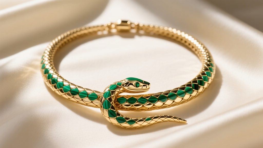 Top-down view of a Serpenti BV necklace with 18k gold scales and vivid green malachite inlays resting on cream silk fabric.