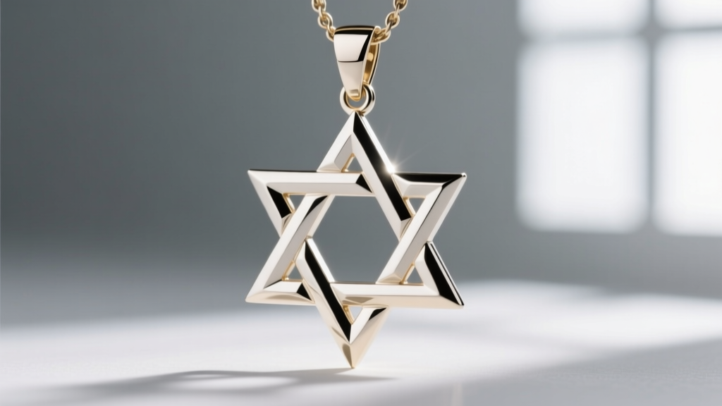 Close-up of a die-struck white gold Magen David pendant showing the precise geometric intersections and polished beveled edges