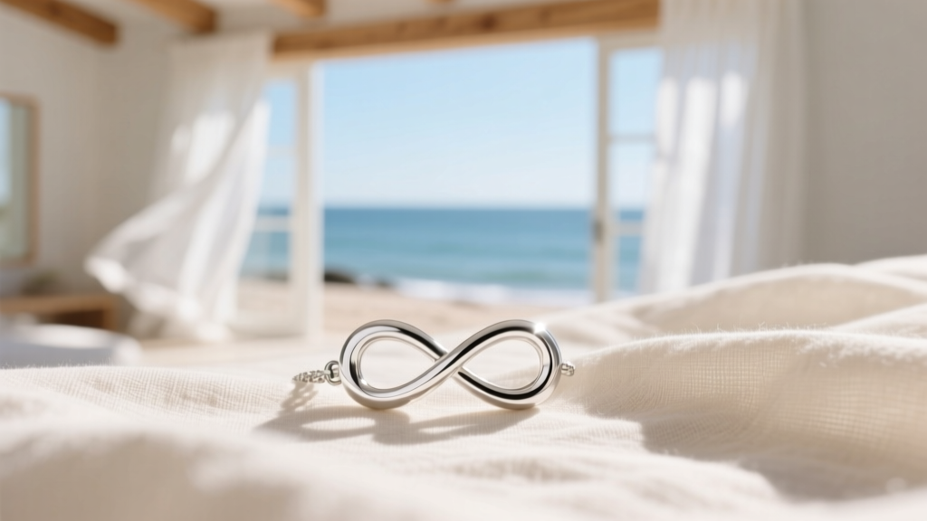 Close-up of a delicate sterling silver infinity pendant on sunlit linen, capturing a coastal summer beach house aesthetic.