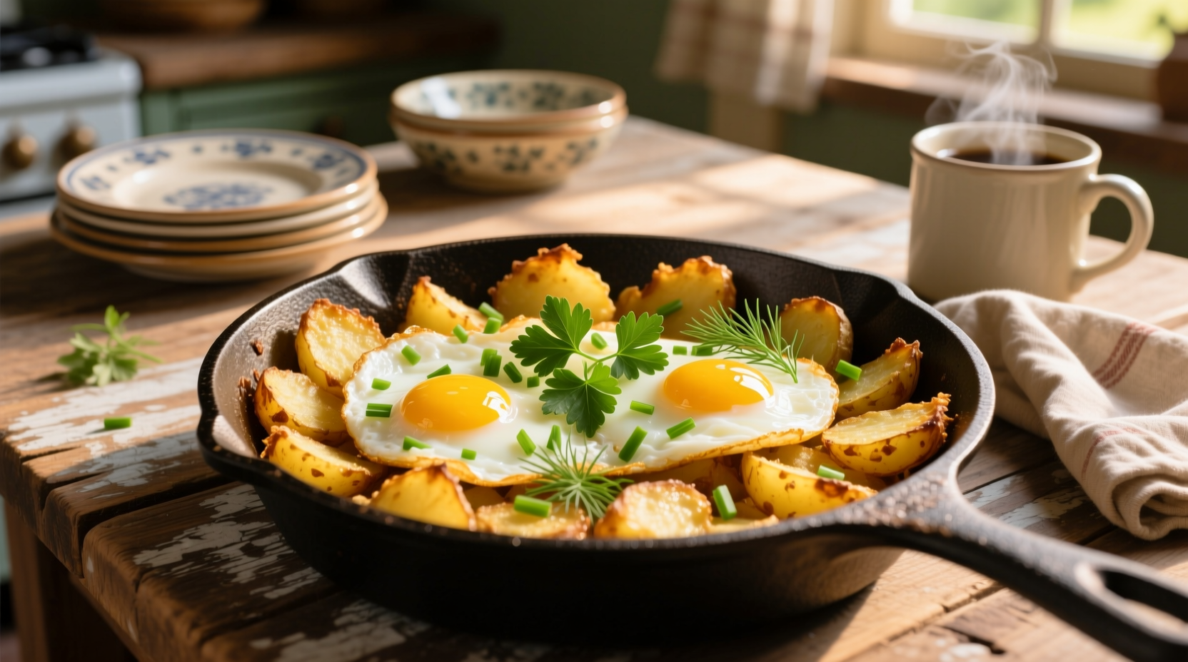 Golden crispy potato hash with eggs and herbs