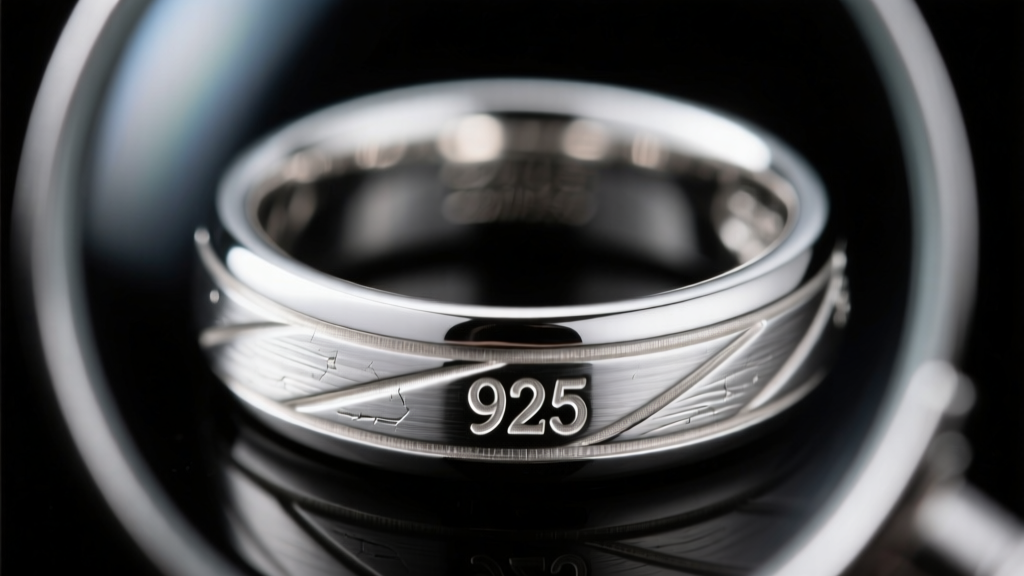 Close-up macro shot of a jewelers loupe inspecting the tiny 925 hallmark stamped inside a polished sterling silver signet ring band