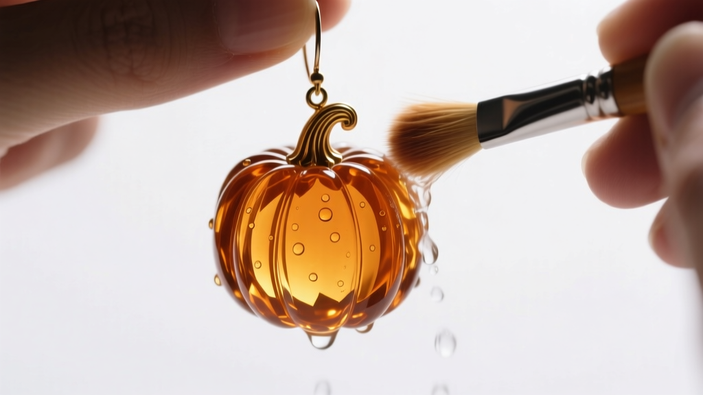 Jeweler using a soft brush and soapy water to carefully clean the deep ridges of a carved citrine pumpkin gemstone drop earring