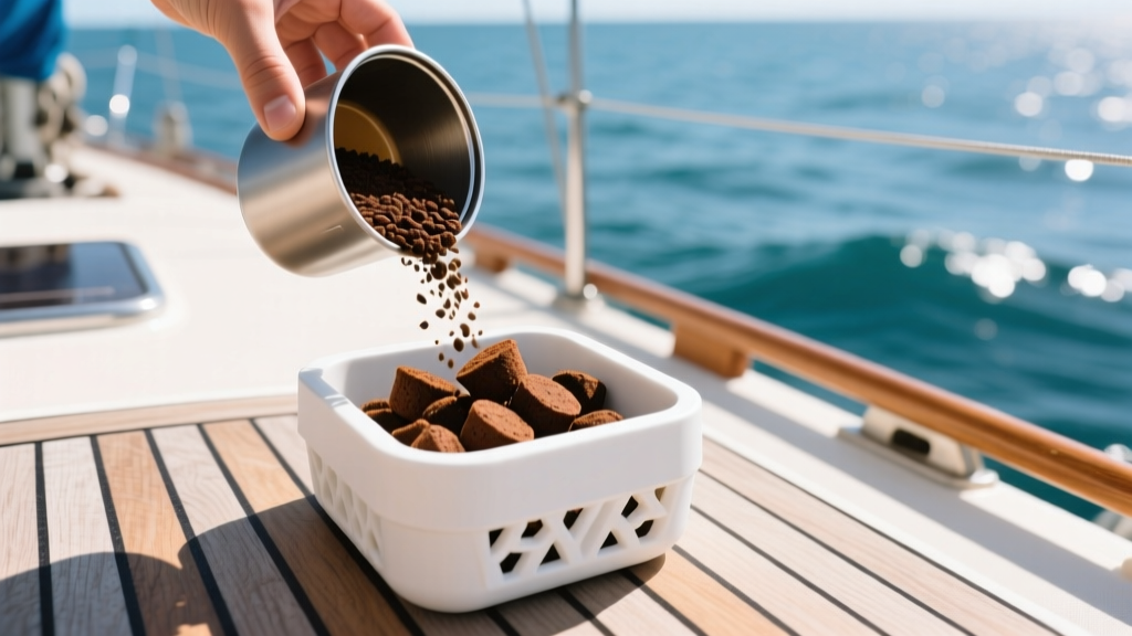 Compostable coffee pucks being emptied from a portable espresso basket into a dedicated marine compost bin on a sailboat.