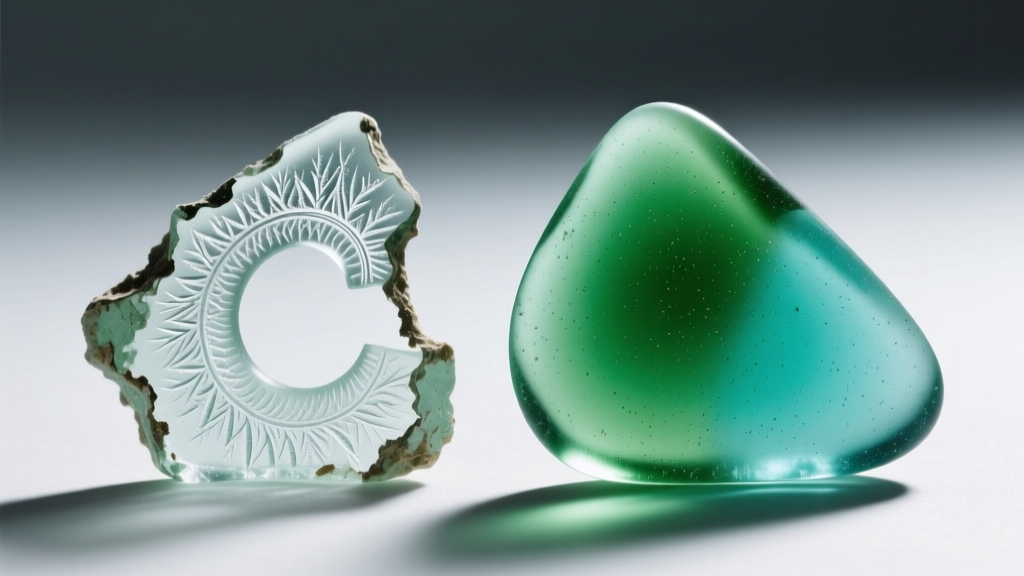 Side profile of natural sea glass showing C-shaped frost marks and pitted edges, contrasted with smooth factory-tumbled glass.