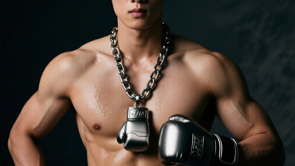 Athletic model wearing a thick steel Cuban link chain with a brushed titanium boxing glove pendant against a dark studio backdrop