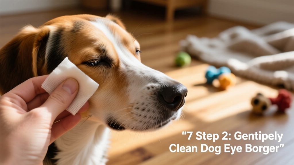 Hand holding a warm, damp gauze pad gently pressed against a dog's closed eye corner