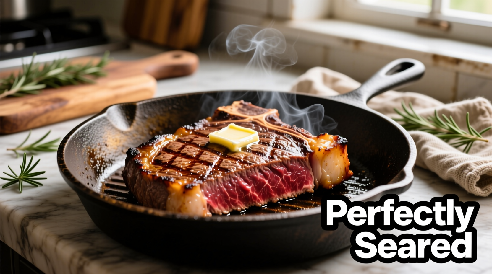 Perfectly seared NY strip steak in cast iron skillet