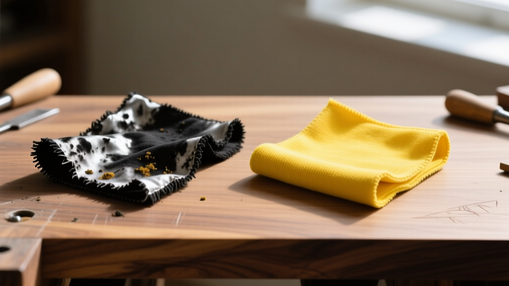 Side-by-side view of blackened used silver polishing cloth next to new yellow cloth resting on a smooth wooden jeweler work bench.