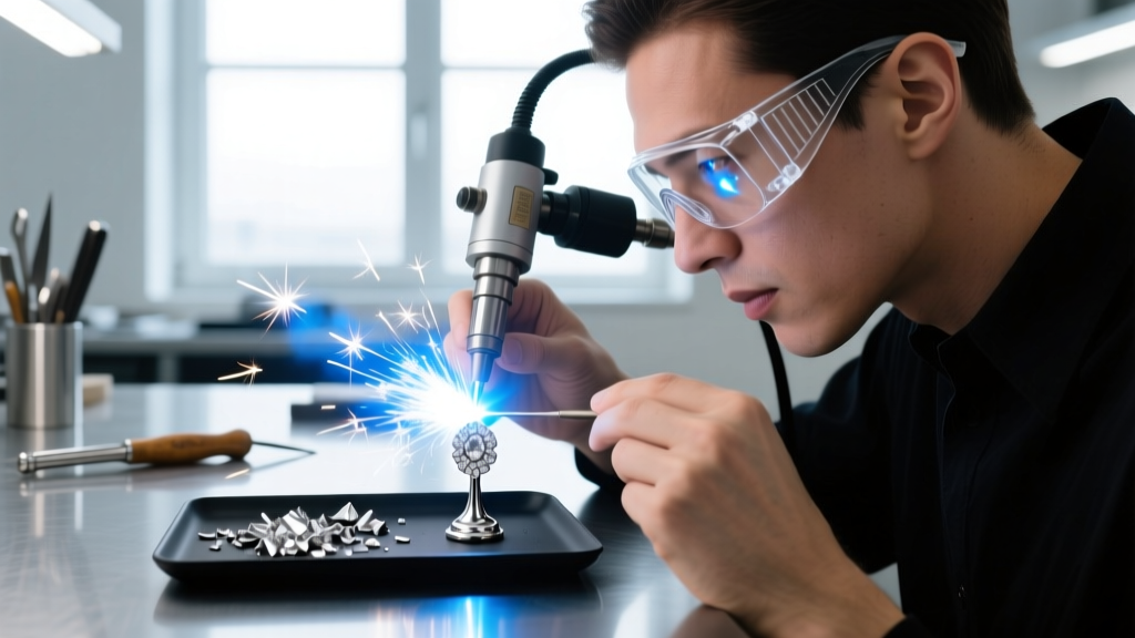 Side profile of a jeweler using a laser welder to repair a snapped platinum earring post, with bright sparks and safety goggles.