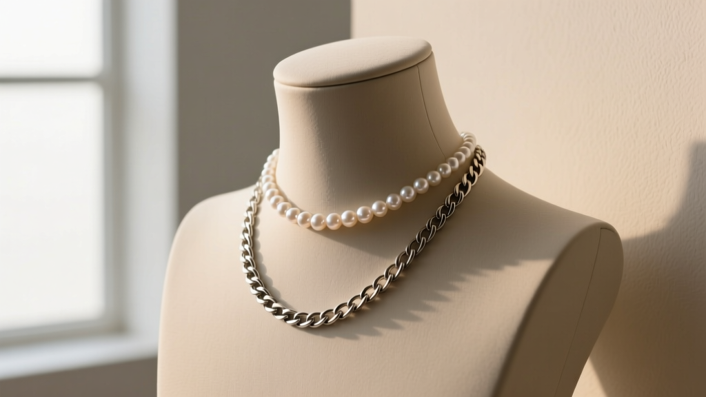 Necklace guide showing a 20-inch figaro chain and 16-inch freshwater pearl choker on a male mannequin bust with soft shadows