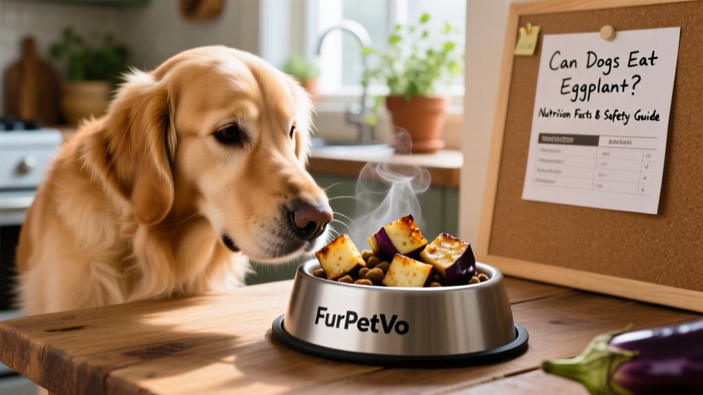 Close-up of a dog sniffing cooked eggplant cubes placed beside a FurPetVo kibble bowl