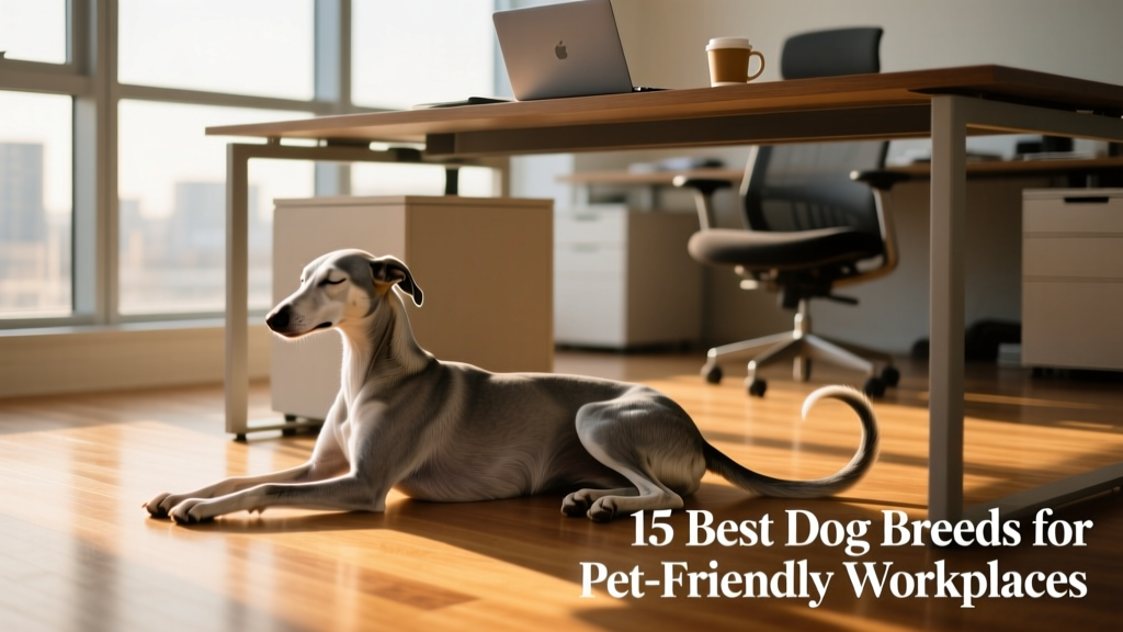 A relaxed Whippet lying calmly beneath an office desk, eyes half-closed and tail gently curled
