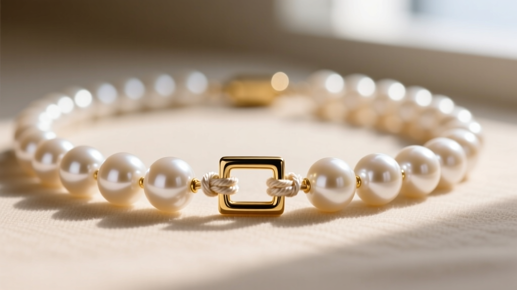 Close-up of pearl stringing showing tight French silk knots between 10mm freshwater pearls and a secure 14k gold box clasp