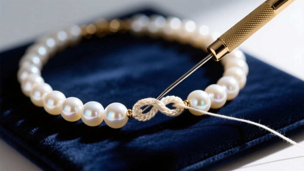 Macro shot of a beading awl separating a tight knot in a silk-threaded freshwater pearl necklace resting on a navy velvet pad.