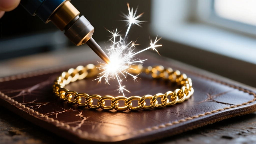 Close-up of a micro-welder creating a bright spark on a 14k gold cable chain bracelet resting on a dark leather welding pad.