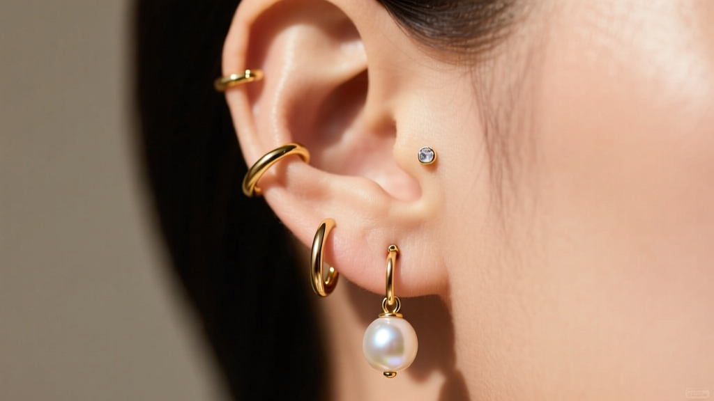 Curated ear stack showing a 6mm pearl drop in the main lobe paired with two small gold huggies in the upper cartilage piercings