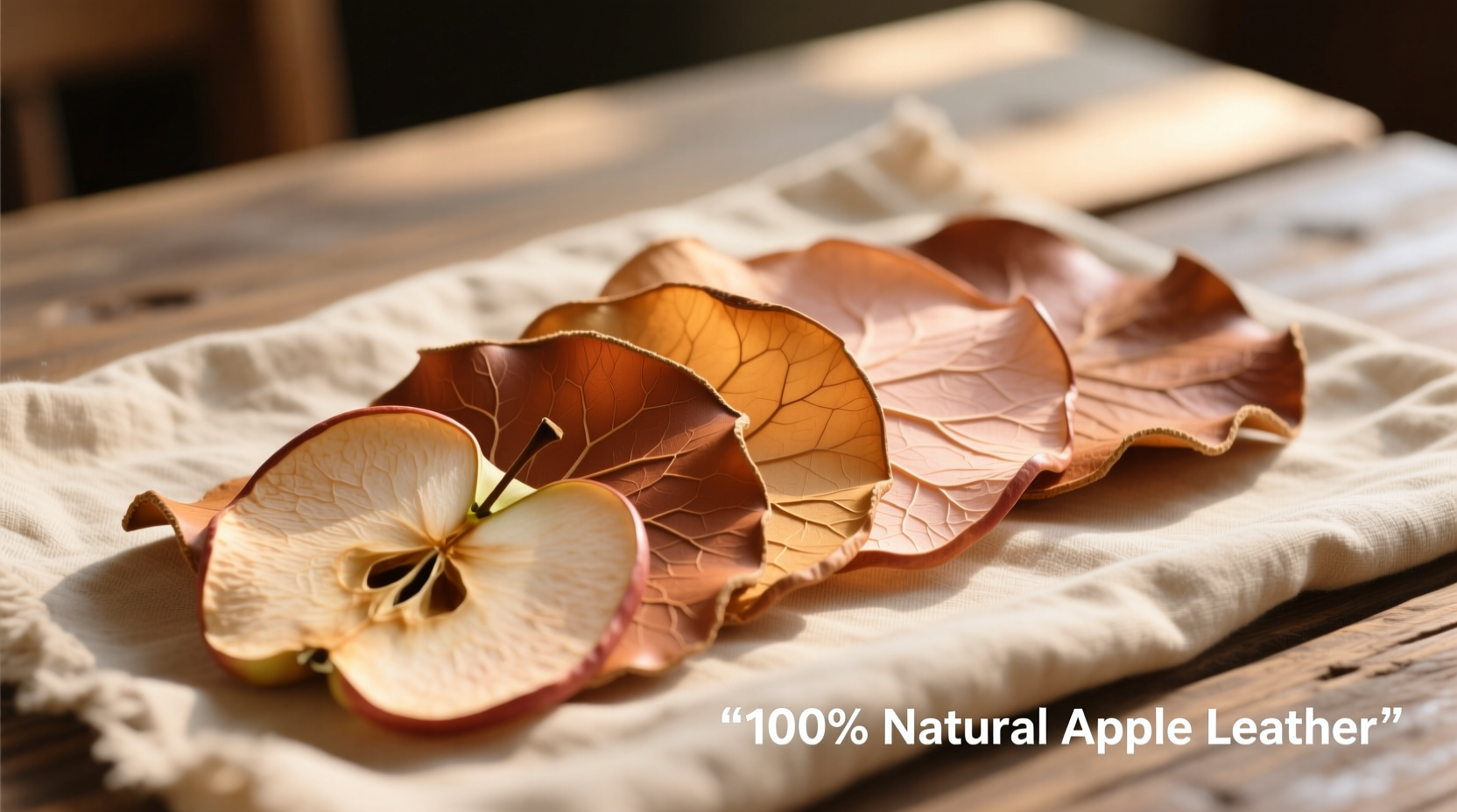 Thin sheets of dried apple leather in various natural tones