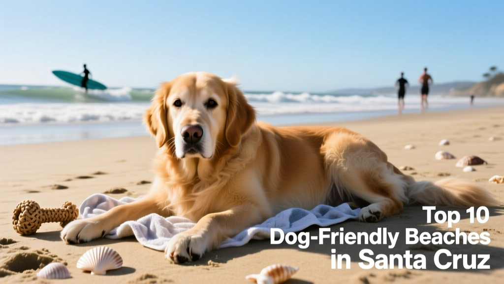 A happy, tired dog lying on a sandy dog-friendly Santa Cruz beach