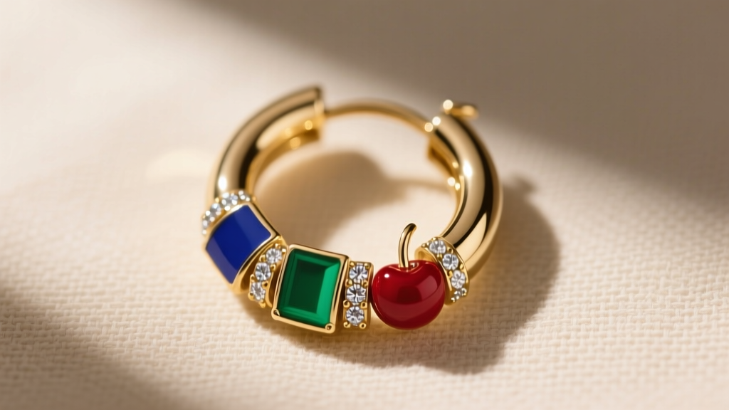 Close-up of a 16-gauge gold huggie hoop with interchangeable enamel and diamond charms resting on a soft beige linen fabric backdrop