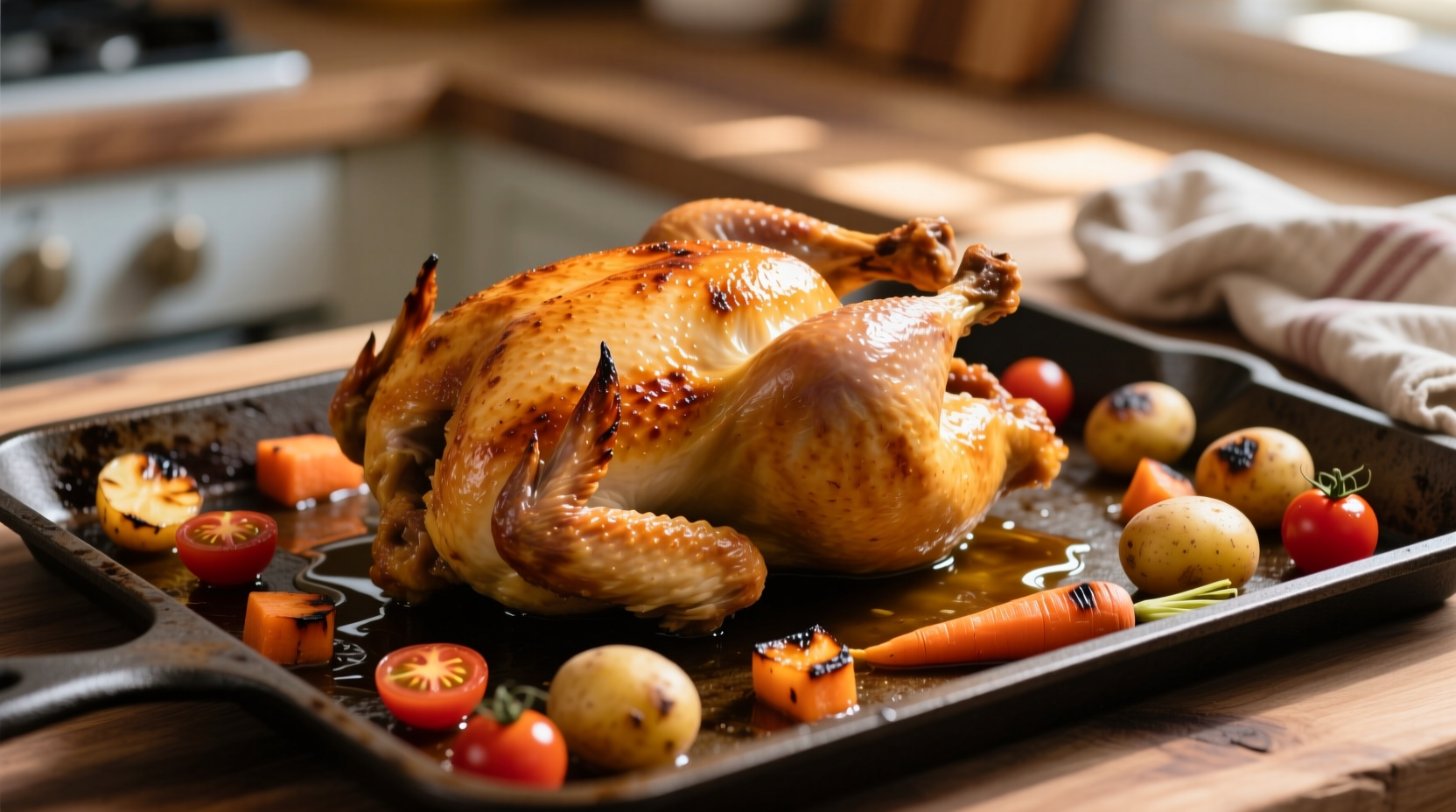 Perfectly roasted golden brown chicken on baking sheet with vegetables
