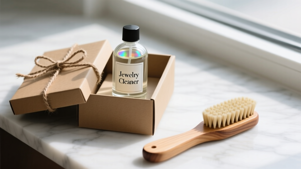 Kraft gift box tied with twine, holding a labeled glass bottle of jewelry cleaner and a wooden bristle brush on a marble surface.